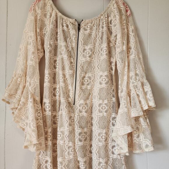 Boho Lace Neutral Western Judith March Bell Sleeve Mini Dress Medium - Picture 8 of 10